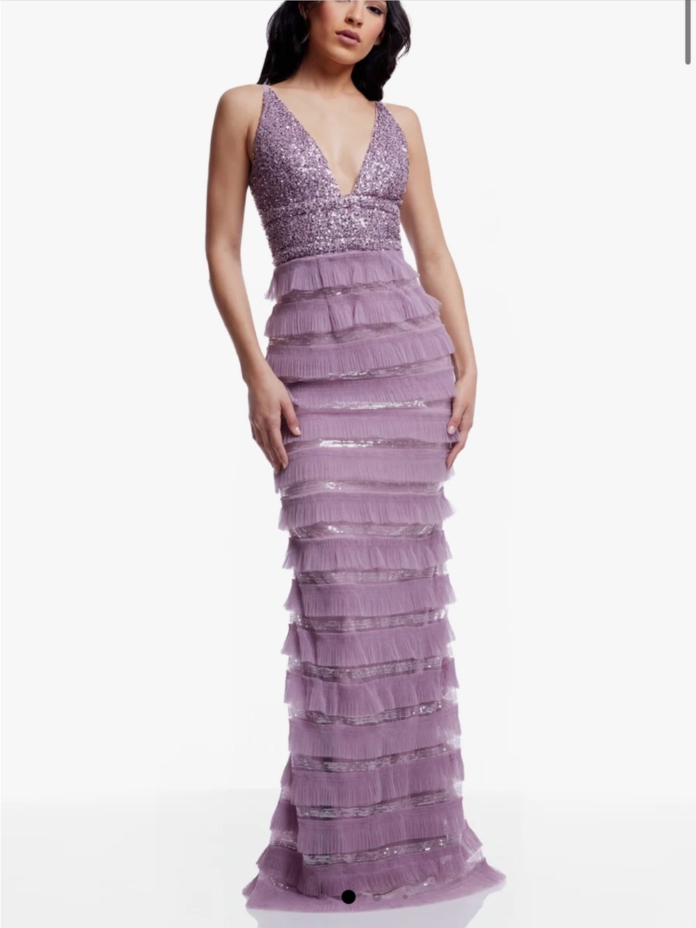 NWT Dress the Population Shelley Lavender Sequin Tiered Maxi Gown formal S